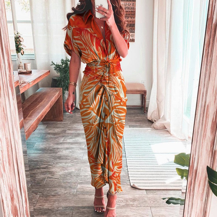 Elegant Women Dresses 2023 Summer Fashion Printed Short Sleeve Shirt Dress Vintage Waist Tie-up Button Bandage Long Dress Robe