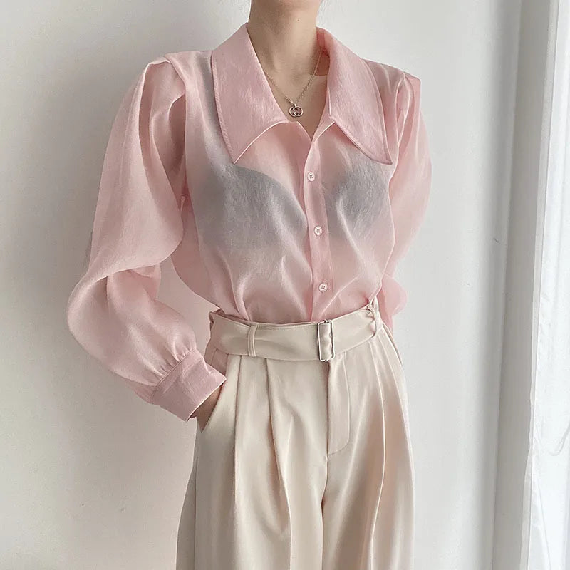 Stylish Pink Blouse with See-Through Details and Puff Sleeves for Women