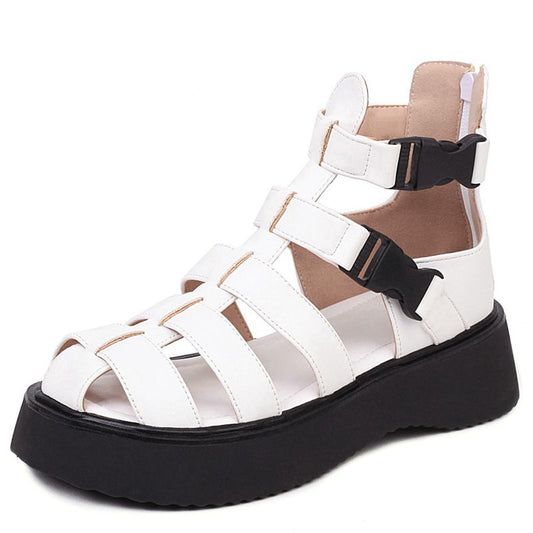 Women Shoes Sandals Round Toe Platform Flats Thick Cover Heel Buckle Strap Rome Style Solid Black White Leisure