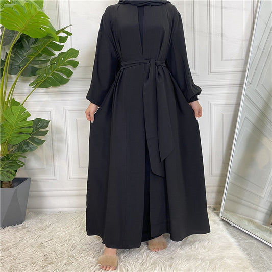 Fashion Simple Elastic Sleeved Djellaba Muslim Dress Dubai Full Length Soft Abaya Dubai Turkey Muslim Islam Robe With Belt