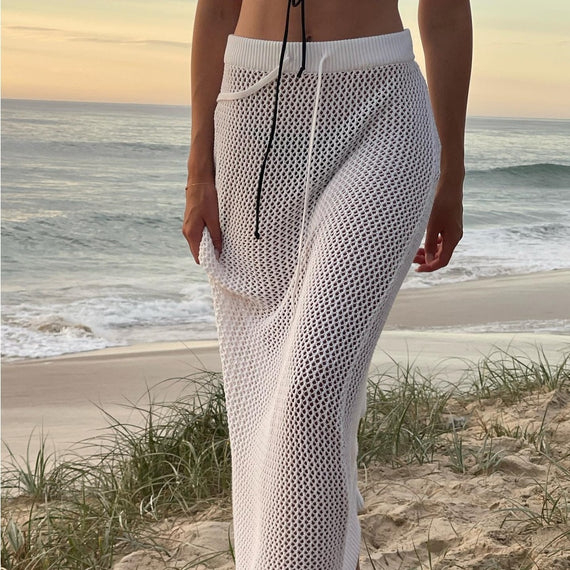 Elegant Hollow Out Knitted White Maxi Skirts for Women Fashion Outfits Holiday Beachwear Skirt Bottoms See Through