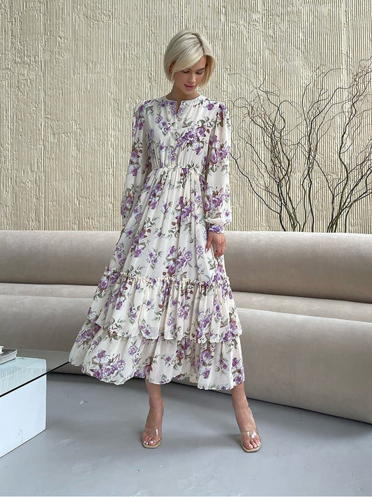 Elegant Pleated Long Sleeve Chiffon Evening Dresses Women Pink Blue Black White Floral Beach Long Maxi Summer Dress Women 2023