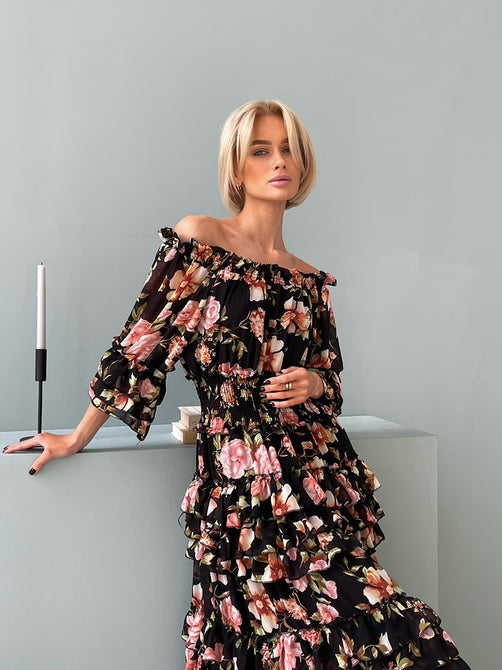 Chiffon Floral Ruffle Pleated Women Long Dresses Elegant Ladies Summer Beach Dress Long Sleeve Flower Maxi Dresses For Women