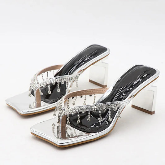 Unique Crystal Fringe Flip Flop Sandals for Women with High Heel and V-Strap Design