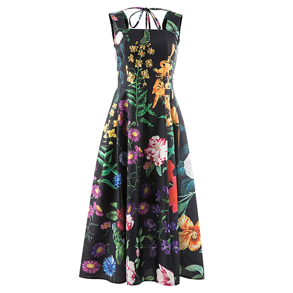 2024 Summer Square Collar Dress: High Waist, Colorblock Print, Sleeveless, for Women