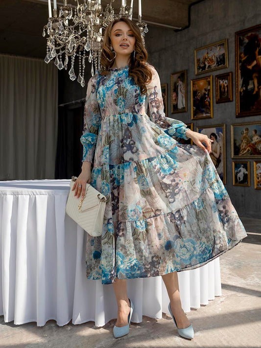 Elegant Floral Long Sleeve Chiffon Maxi Dress Boho Ruffle Pleated Evening Dresses Women Summer Flower Long Dresses For Women