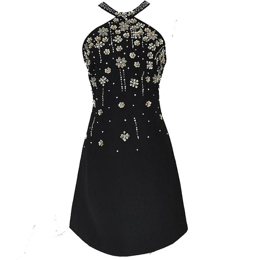 Solid Inlaid Diamond Sequin Hanging Neck Dresses For Women Sleeveless High Waist Elegant Dress Female Spring