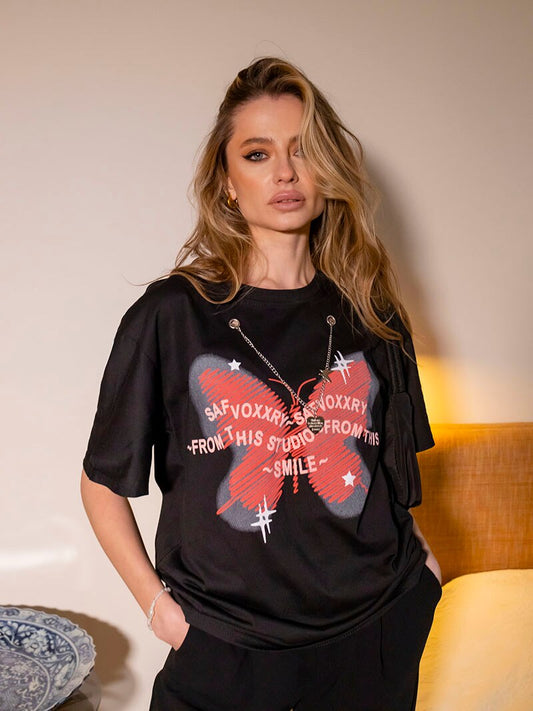 Butterfly Graphic Oversized Women T Shirt Vintage Short Sleeve Ladies Summer Tops Steertwear Black White Tees Tshirts For Women