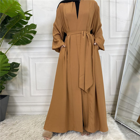 Fashion Simple Elastic Sleeved Djellaba Muslim Dress Dubai Full Length Soft Abaya Dubai Turkey Muslim Islam Robe With Belt