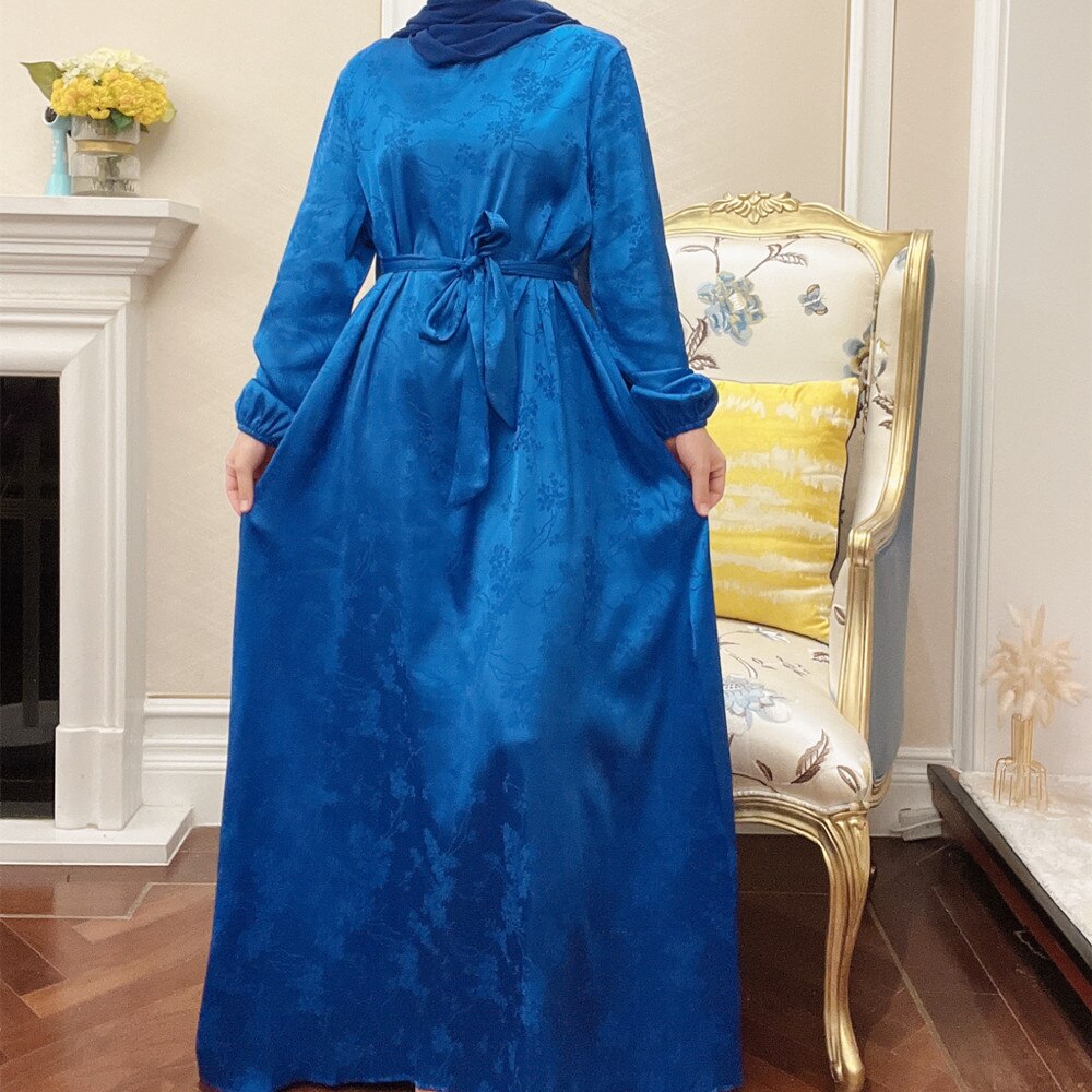 Ramadan Eid Djellaba Abaya Dubai Satin Jacquard Muslim Dress Robes Dubai Puff Sleeve Muslim Islam Abayas