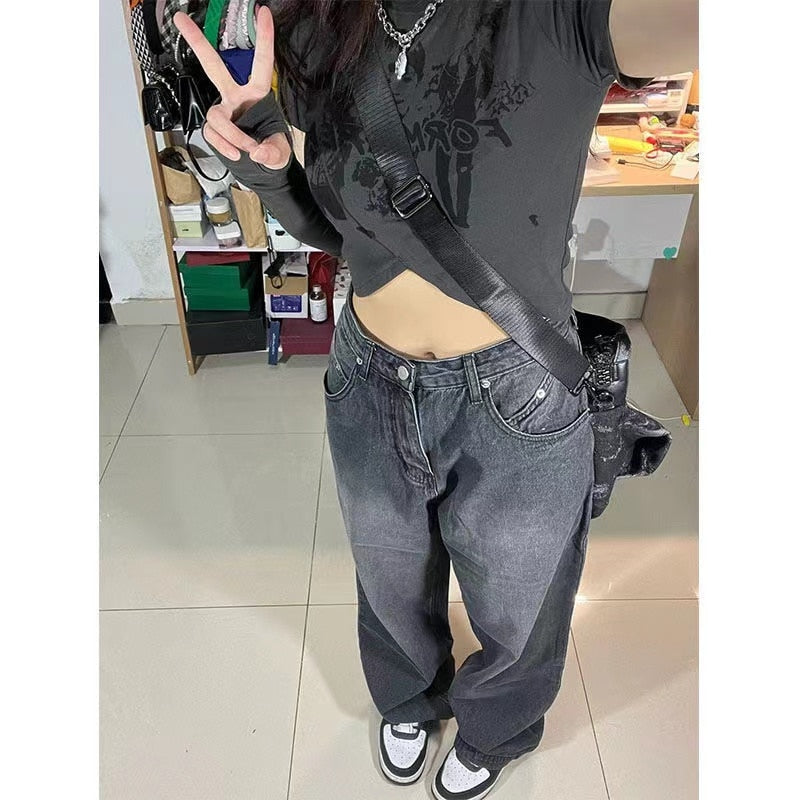 Cryptographic Irregular Fashion Denim Wide Leg Pants High Waist Jeans for Women Streetwear Harajuku Loose Long Boyfriend Jeans