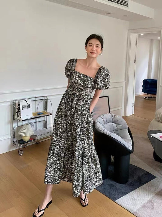 Korean Fashion Floral Maxi Dresses Puff Sleeve Sexy Low Cut Beach Long Dresses Elegant Casual Ladies Women Dresses Summer 2022