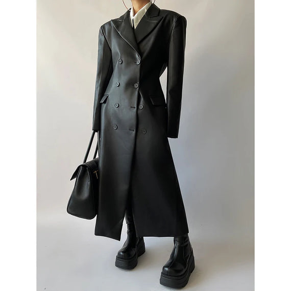 Fashion Black Waist Retraction Designer Blazer Leather Coat Women's 2024 Spring Autumn New Mid-length Outerwear