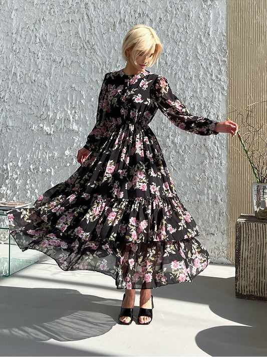 Elegant Pleated Long Sleeve Chiffon Evening Dresses Women Pink Blue Black White Floral Beach Long Maxi Summer Dress Women 2023