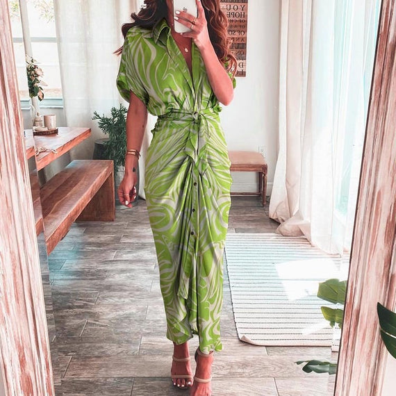 Elegant Women Dresses 2023 Summer Fashion Printed Short Sleeve Shirt Dress Vintage Waist Tie-up Button Bandage Long Dress Robe