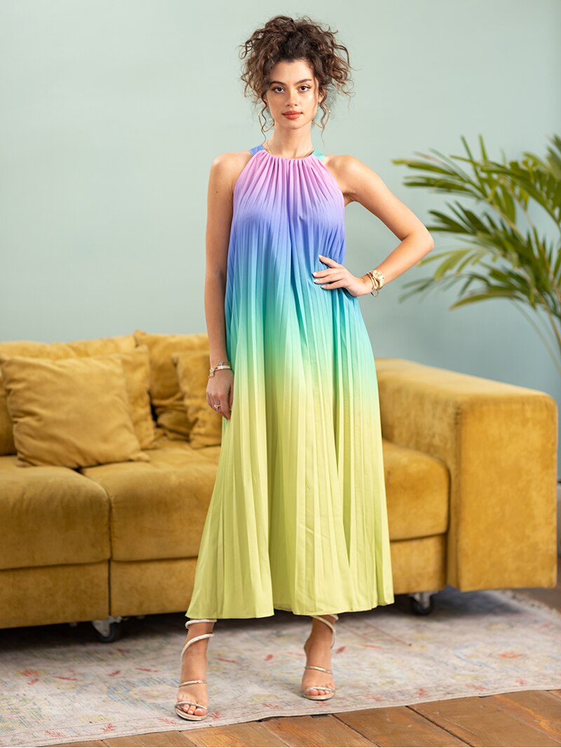 Rainbow Gradient Long Pleated Dresses Strap Sleeveless Chiffon Night Dress Women Sexy Party Summer Beach Maxi Dresses For Women