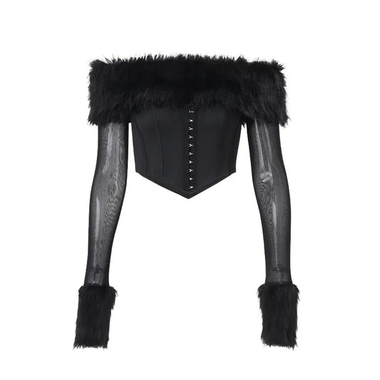 Off Shoulder Black Mesh Blouse with Faux Fur Collar and Cuffs - Sexy Long Sleeve Corset Top