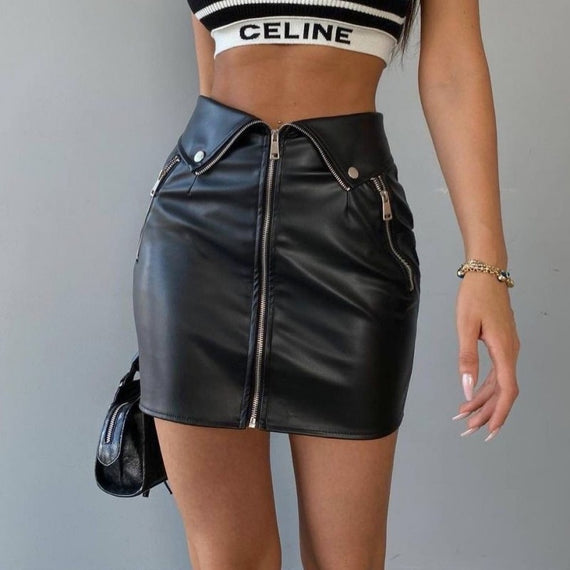 Fashion Zip Up PU Leather Skirts for Women Fashion Outfits Mini Skirt Bottom Streetwear Gothic Punk Grunge Clothes