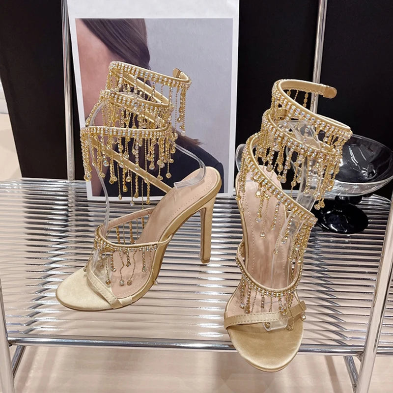 Stunning Crystal Tassel Stiletto Sandals for Women's Wedding Banquets - Golden