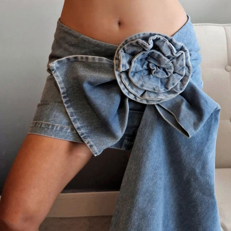 Vintage Blue Denim Mini Skirts for Women Fashion Outfits Floral Appliques Skirts Bottoms Chic Streetwear Clothes