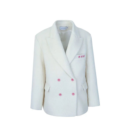 Stay Warm and Stylish with Our White Thickened Wool Blazer for Women