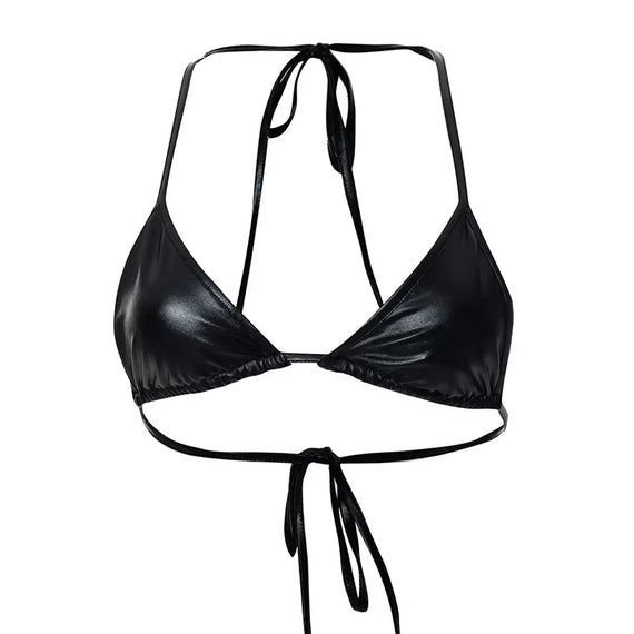 Black PU Leather Halter Bralette - Sexy Rave Top for Women