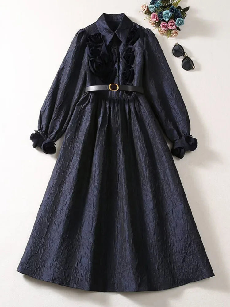 Elegant Jacquard Swing Dress for Women - Long Sleeve, Single Breasted, Minimalist Design