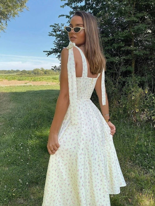 Floral Print Cottagecore Sleeveless Strap Midi Dresses Party Club Sexy Backless Elegant Split Dress Women Vestidos