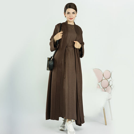 Elegant and Versatile: Two-Piece Djellaba Abaya Set with Belt for Muslim Women in Dubai