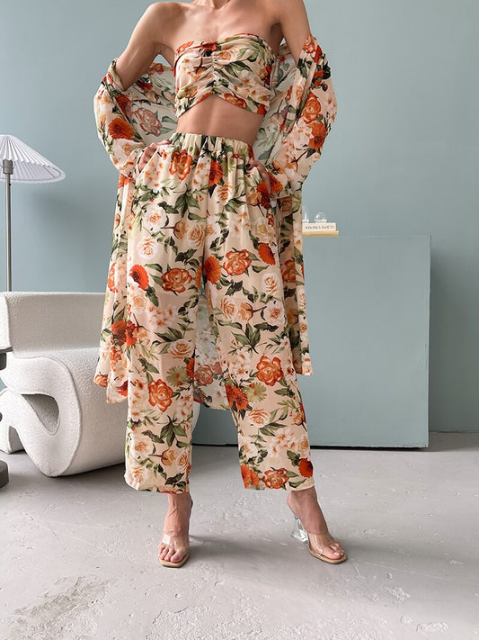 3 Pieces Set Outfits Women Wrap Chest Cardigan Pants Suit 3 Piece Sets Summer Floral Chiffon Sexy 3 Piece Matching Set For Women