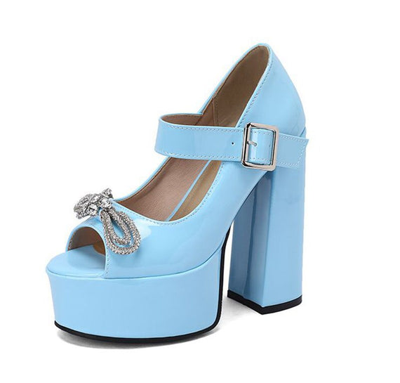 Women Sandals Peep Toe Block Heels Crystal Bowknot Buckle Strap Sexy Party Shoes Big Size