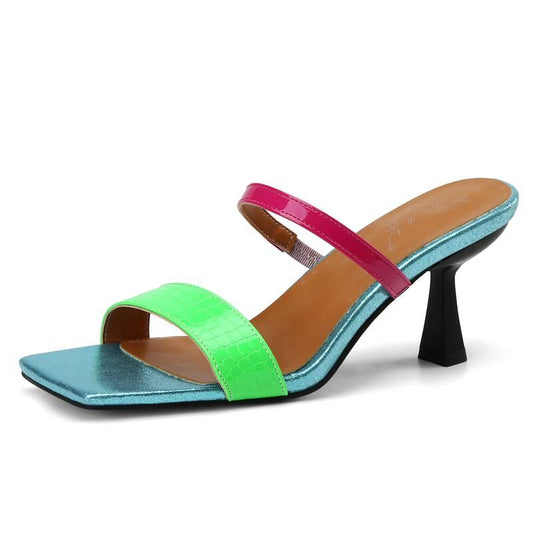 Women Sandals Square Toe Thin Heels Mules Slip On Mixed Color