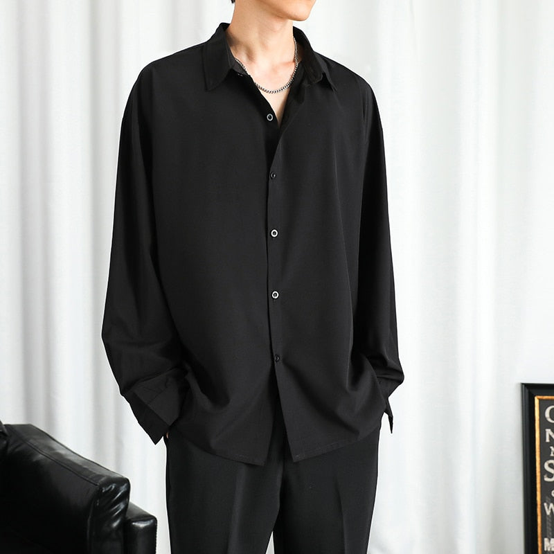 Korean Fashion Black Solid Long Sleeve Shirts 2023 Harajuku Black Oversized Shirt Male Casual Button Up Shirts Blouses