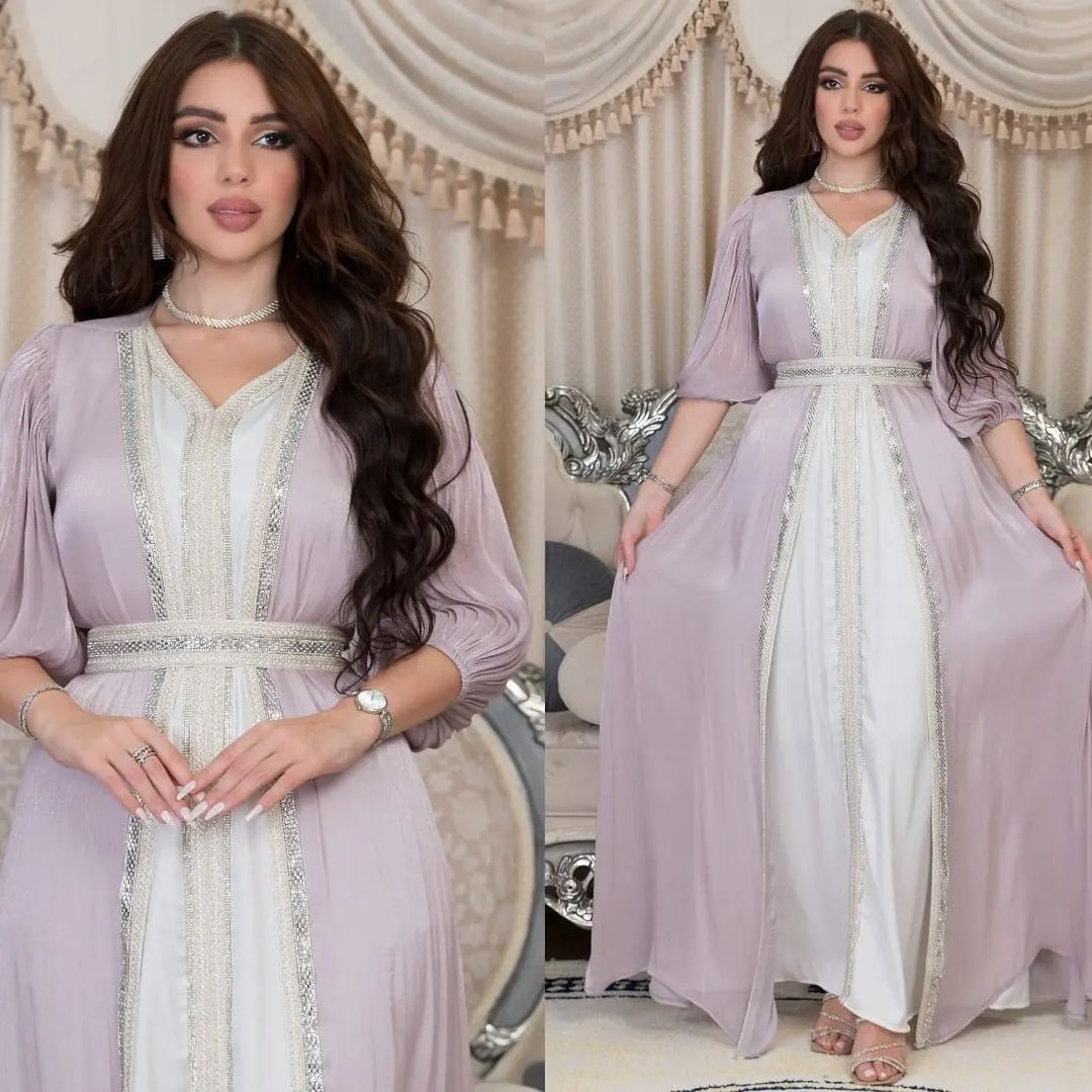 Elegant Muslim Dress Set: 2-Piece Shiny Djellaba and Modest Belted Suit for Women