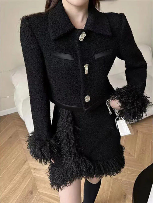 Spliced Fringe Fur Thickened Woolen Short Jacket For Women Autumn Winter High-end Short Skirt Two-piece