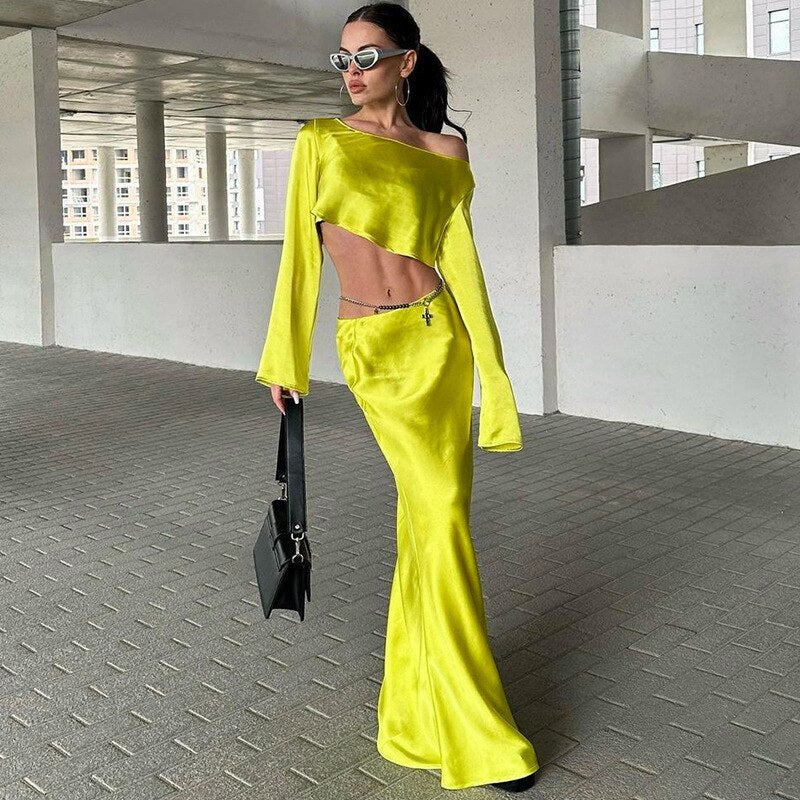 Off Shoulder Long Sleeve Top and Skirt 2 Piece Set Elegant Fashion Outfits Asymmetric Silky Co-Ords Matching Sets