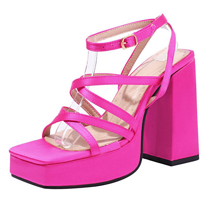 Shoes For Women Sandals Open Toe Block Heel  Buckle Strap Satin Large