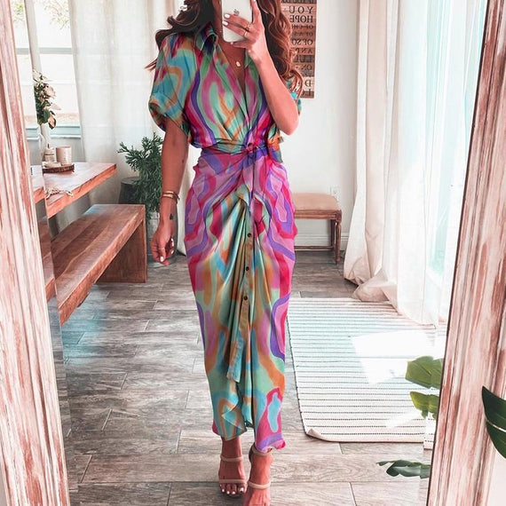 Elegant Women Dresses 2023 Summer Fashion Printed Short Sleeve Shirt Dress Vintage Waist Tie-up Button Bandage Long Dress Robe