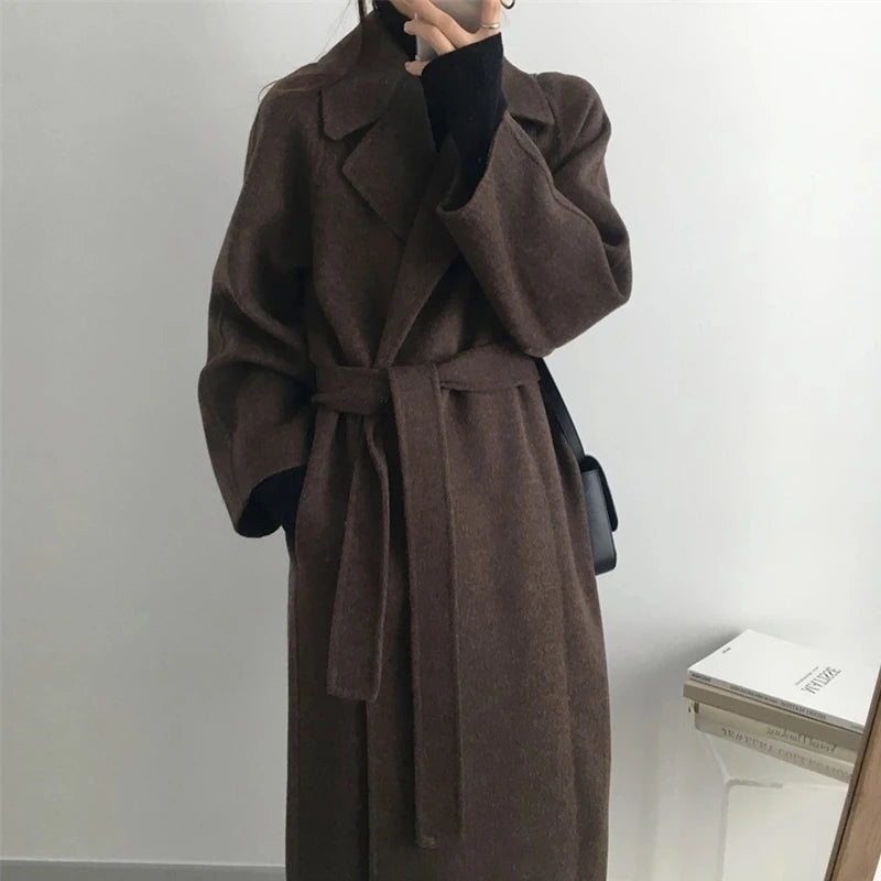 Women Autumn Winter Elegant Woolen Coat Casual Loose Solid Vintage Overcoat with Belted Female Fashion Warm Outerwear Clothes