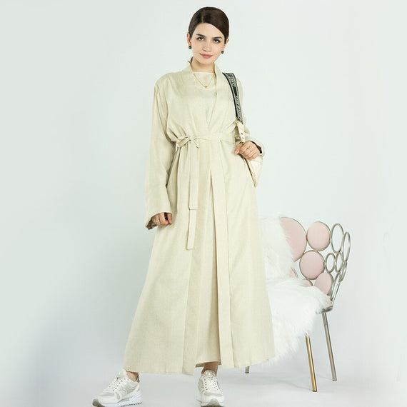 Elegant and Versatile: Two-Piece Djellaba Abaya Set with Belt for Muslim Women in Dubai