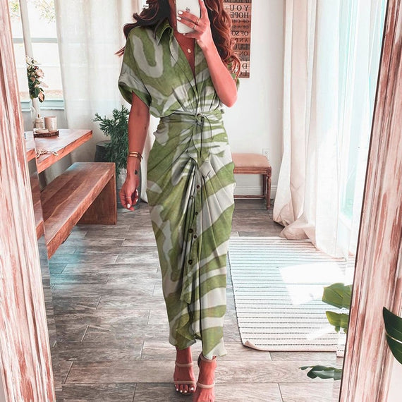 Elegant Women Dresses 2023 Summer Fashion Printed Short Sleeve Shirt Dress Vintage Waist Tie-up Button Bandage Long Dress Robe