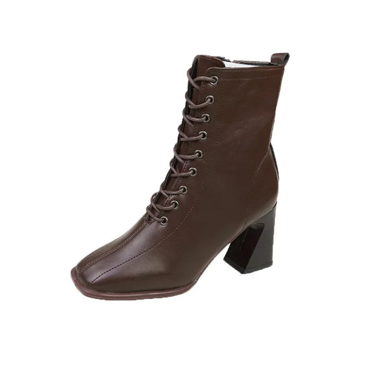 Elegant Victorian Ankle Boots for Women with Square Toe and Heel, Zipper and Lace Up Details