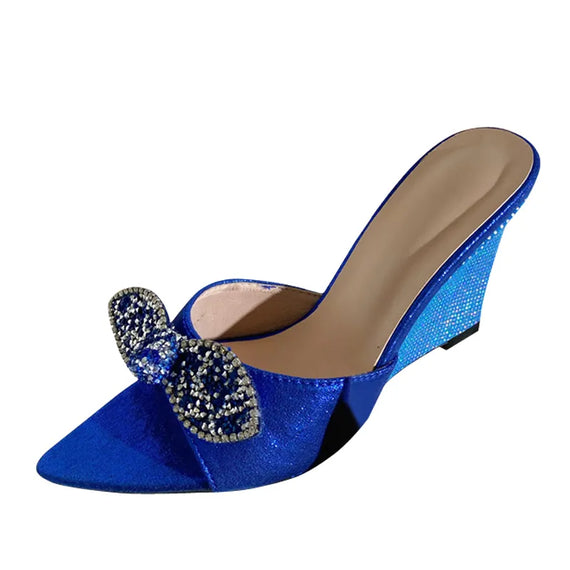Sparkling Blue Wedge Slippers with Rhinestone Bow for Women - Perfect for Summer Parties and Events