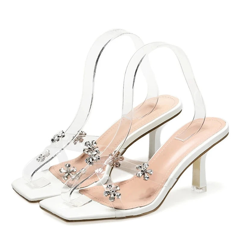 Elegant White and Pink High Heel Sandals with Crystal Flowers and Transparent PVC Material
