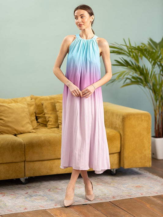 Rainbow Gradient Long Pleated Dresses Strap Sleeveless Chiffon Night Dress Women Sexy Party Summer Beach Maxi Dresses For Women