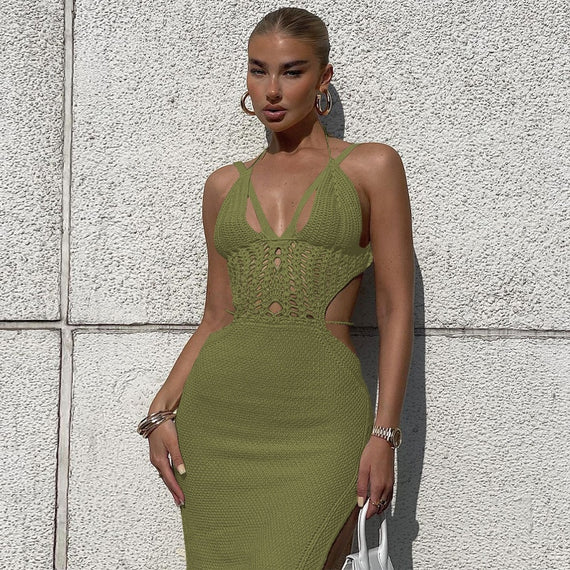 Knitted Cut Out Halter Sexy Backless Summer Beach Dress for Women Elegant Outfits Bandage Slit Dresses Bodycon New