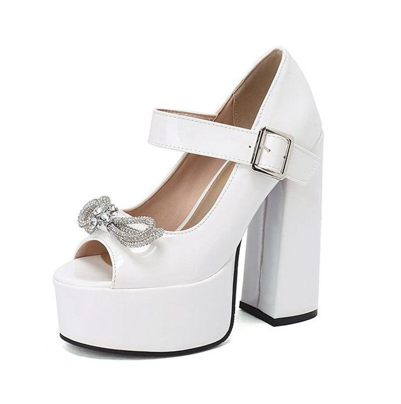 Women Sandals Peep Toe Block Heels Crystal Bowknot Buckle Strap Sexy Party Shoes Big Size