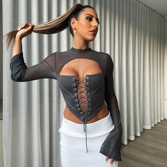 Lace Up Bandage Corset Top for Women Fashion Long Sleeve Sexy Backless Mesh Sheer Flare Sleeve Crop Tops Clothes