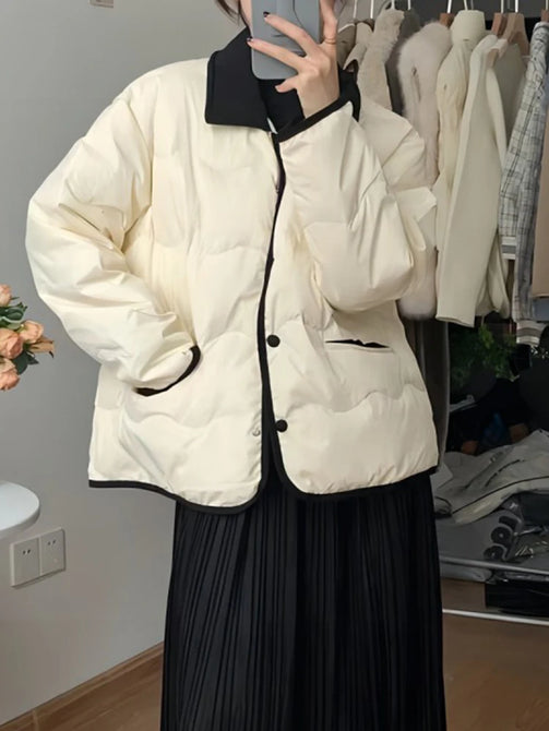 White Down Coats Women Korean Fashion Casual Cotton Padded Jacket Female Autumn Winter Long Sleeve Turn Down Collar Warm Parkas
