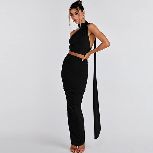 Sexy Backless Halter Dress Set - Elegant Club Party Co-ords with Slit